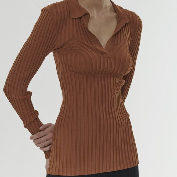 Totême Brown Orange Tobacco Arradon Rib Knit V-Neck Collar Long Sleeve Top - Picture 1 of 9